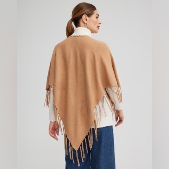 Chicos Women’s Knit Triangle Wrap Fringe Tassel Coastal Grandma Contemporary - Picture 6 of 11